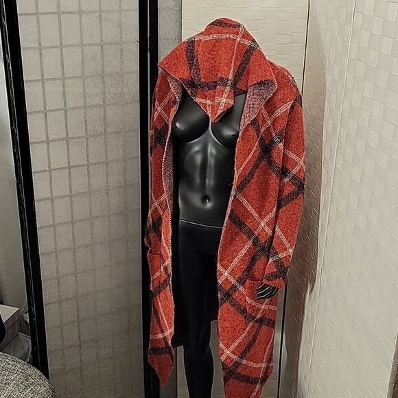 BRAND NEW JOSEPH A HOODED LONG CARDIGAN SWEATER COAT IN PLAID RED - Picture 5 of 12